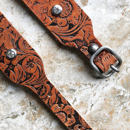 Embossed Leather Apple Watch Band for Watch Ultra 2 49mm and 9 8 Series 41mm 45mm Case Handmade Brown Strap Flourish Bracelet Clear Crystals