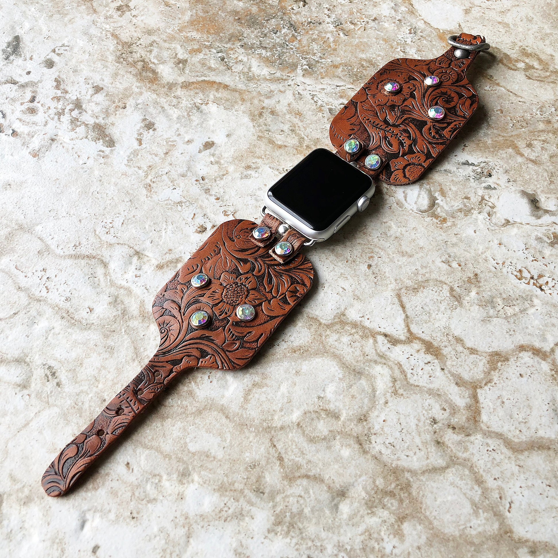 Apple Embossed Bracelet Band 41mm 45mm 49mm Brown Flourish Leather for iWatch Ultra 2 49mm and 9 8 Series Handmade Tooled Strap Crystals