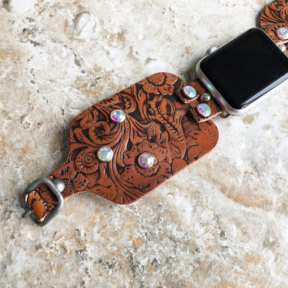 Apple Embossed Bracelet Band 41mm 45mm 49mm Brown Flourish Leather for iWatch Ultra 2 49mm and 9 8 Series Handmade Tooled Strap Crystals