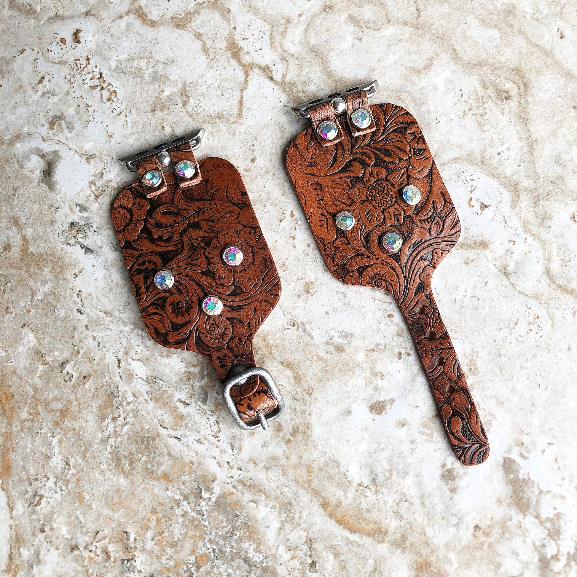 Apple Embossed Bracelet Band 41mm 45mm 49mm Brown Flourish Leather for iWatch Ultra 2 49mm and 9 8 Series Handmade Tooled Strap Crystals