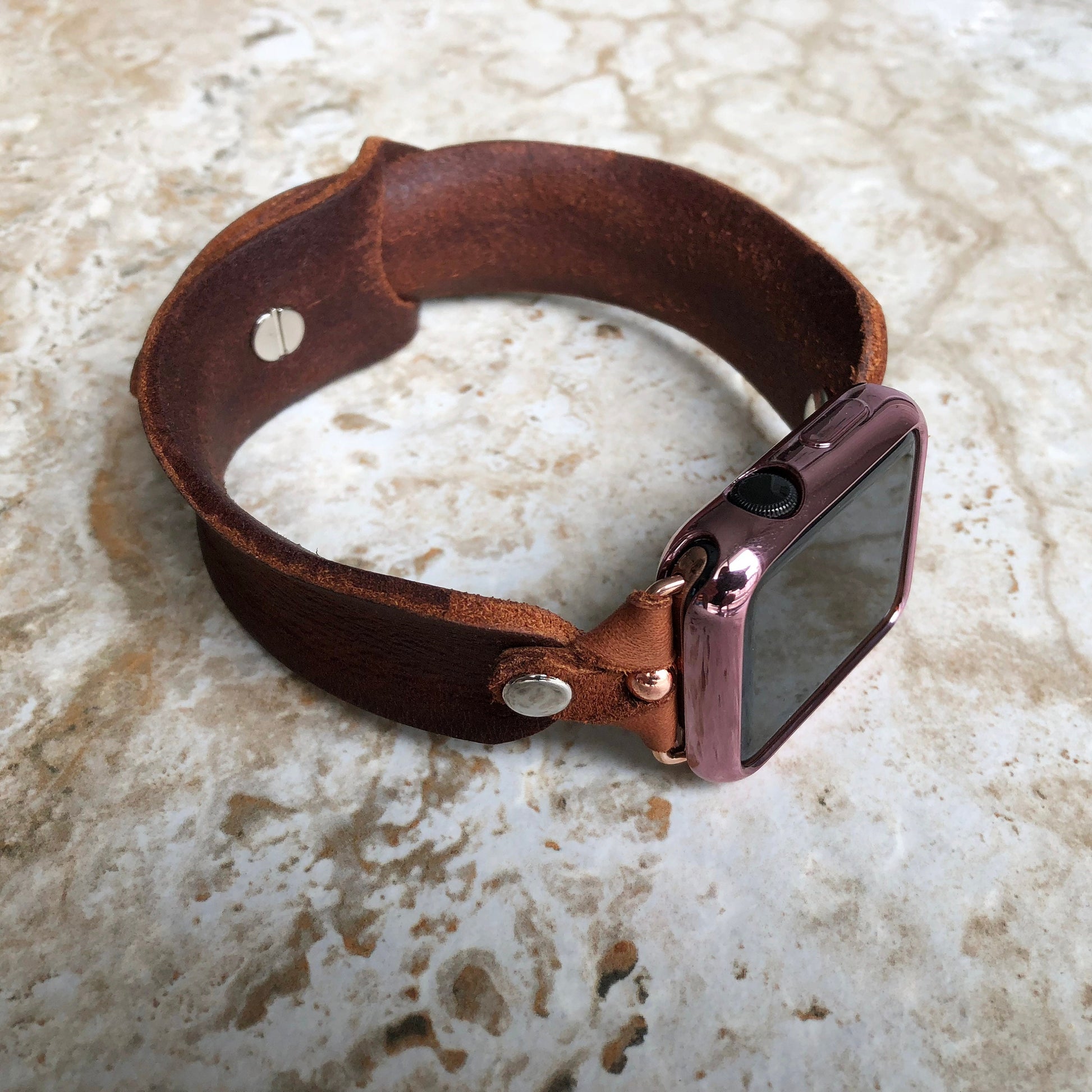 Apple Watch Band in Brown Distressed Leather Bracelet for Watch All Series 38mm 40mm 41mm 42mm 44mm 45mm 49mm Strap Cuff in Rose Gold Finish