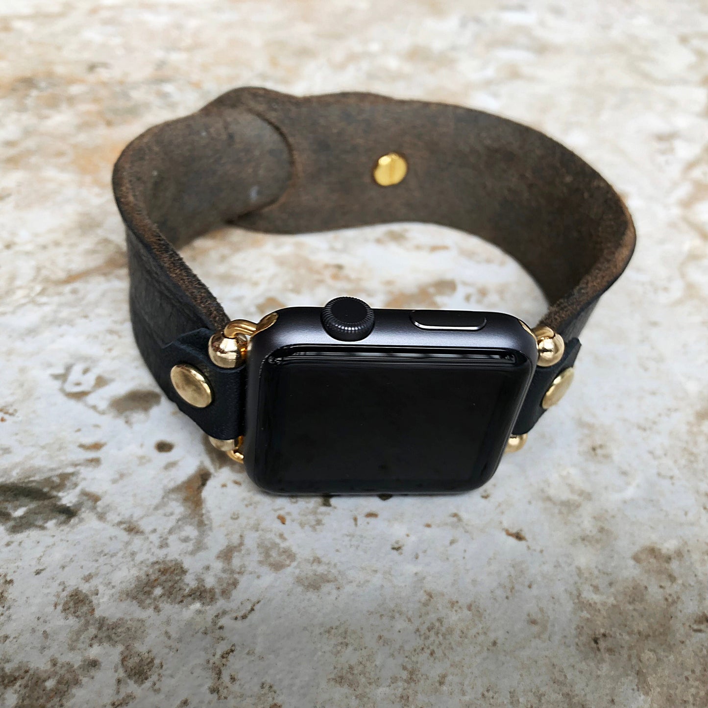 New Apple Watch Band Black Distressed Leather Bracelet for iWatch Ultra 2 49mm and 9 8 Series 41mm 45mm Case Handmade Strap in Gold Finish