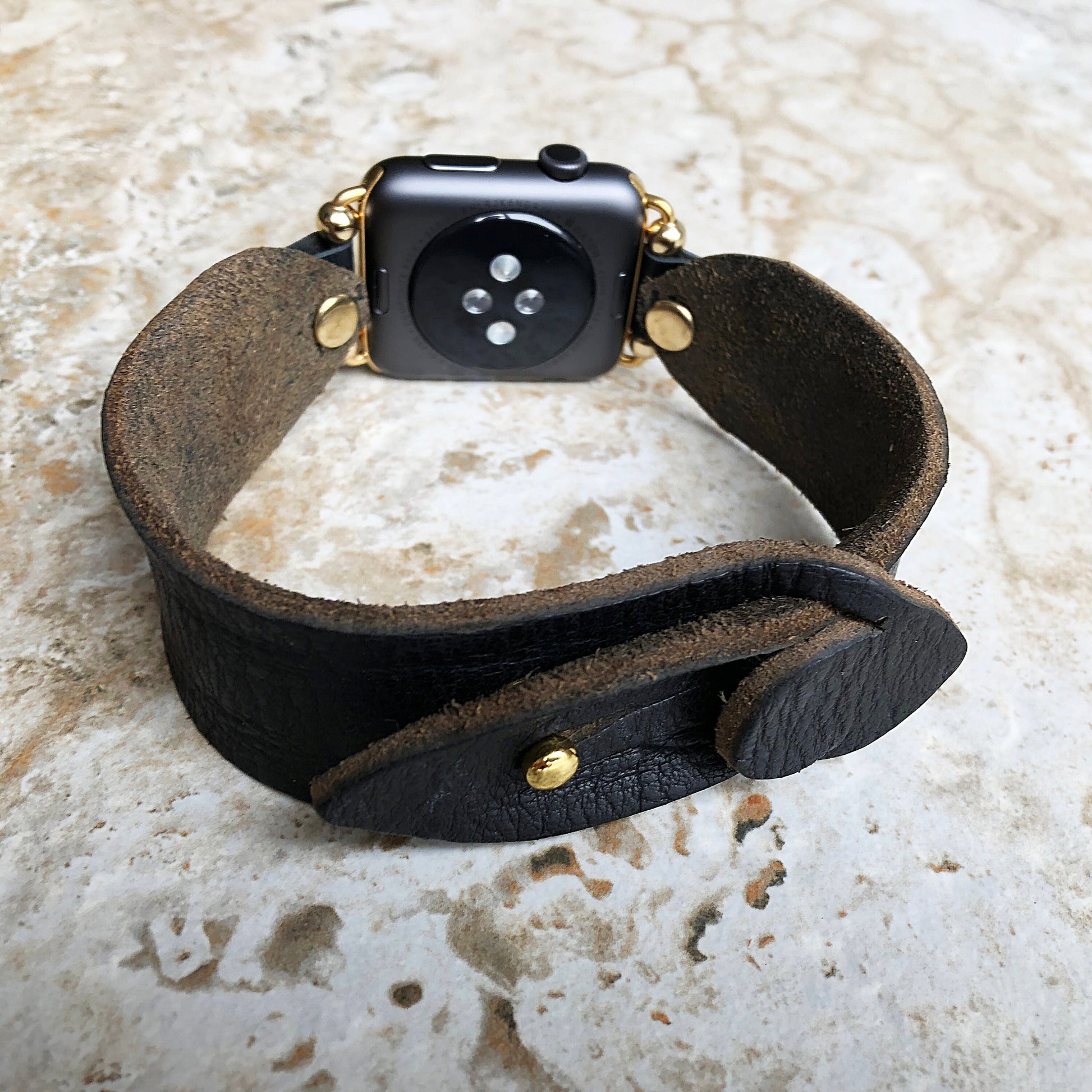 New Apple Watch Band Black Distressed Leather Bracelet for iWatch All Series 38mm 40mm 41mm 42mm 44mm 45mm 49mm Case Strap in Gold Finish