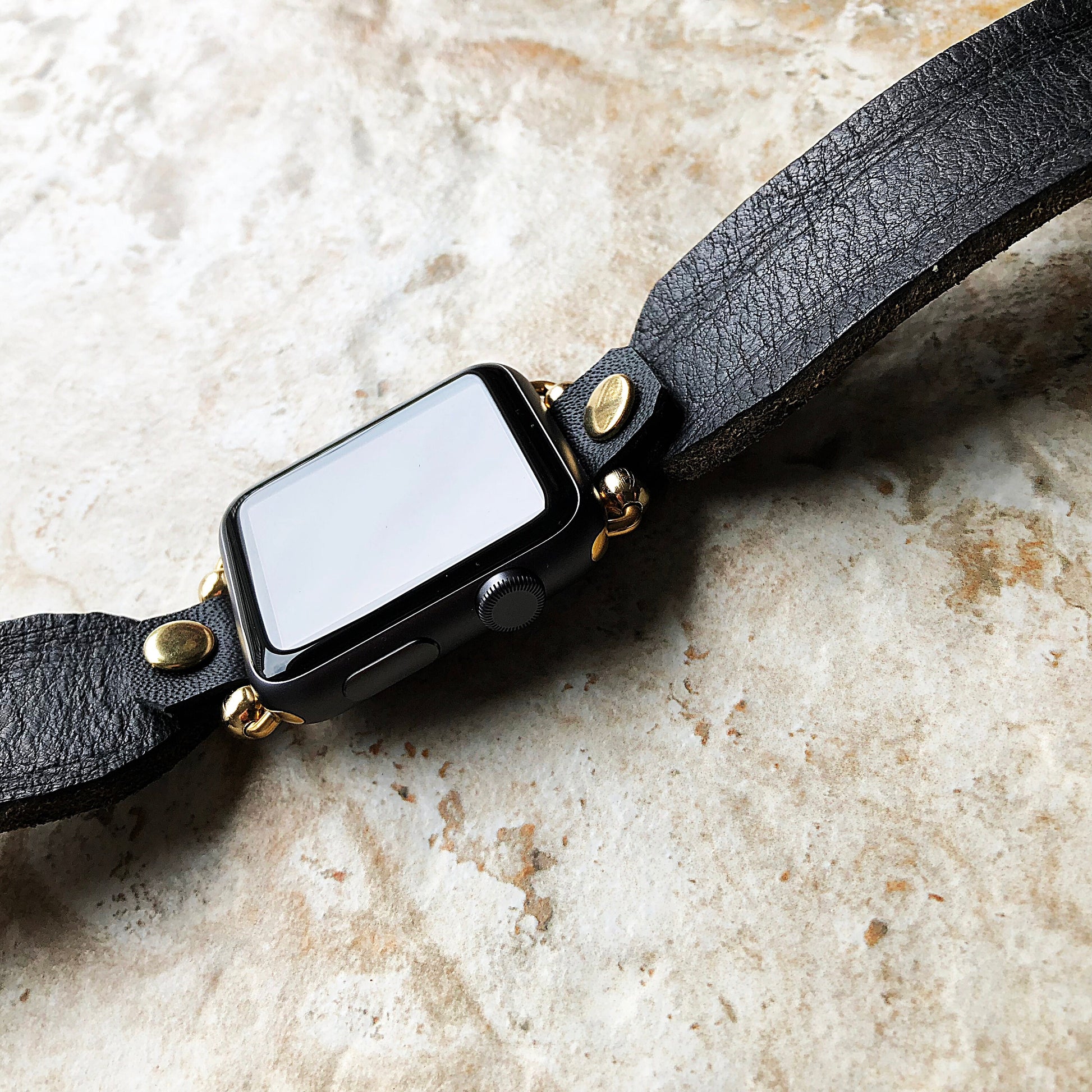 New Apple Watch Band Black Distressed Leather Bracelet for iWatch All Series 38mm 40mm 41mm 42mm 44mm 45mm 49mm Case Strap in Gold Finish