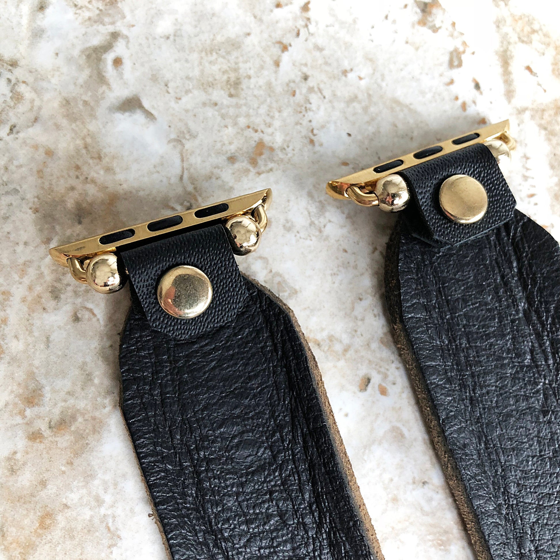 New Apple Watch Band Black Distressed Leather Bracelet for iWatch Ultra 2 49mm and 9 8 Series 41mm 45mm Case Handmade Strap in Gold Finish