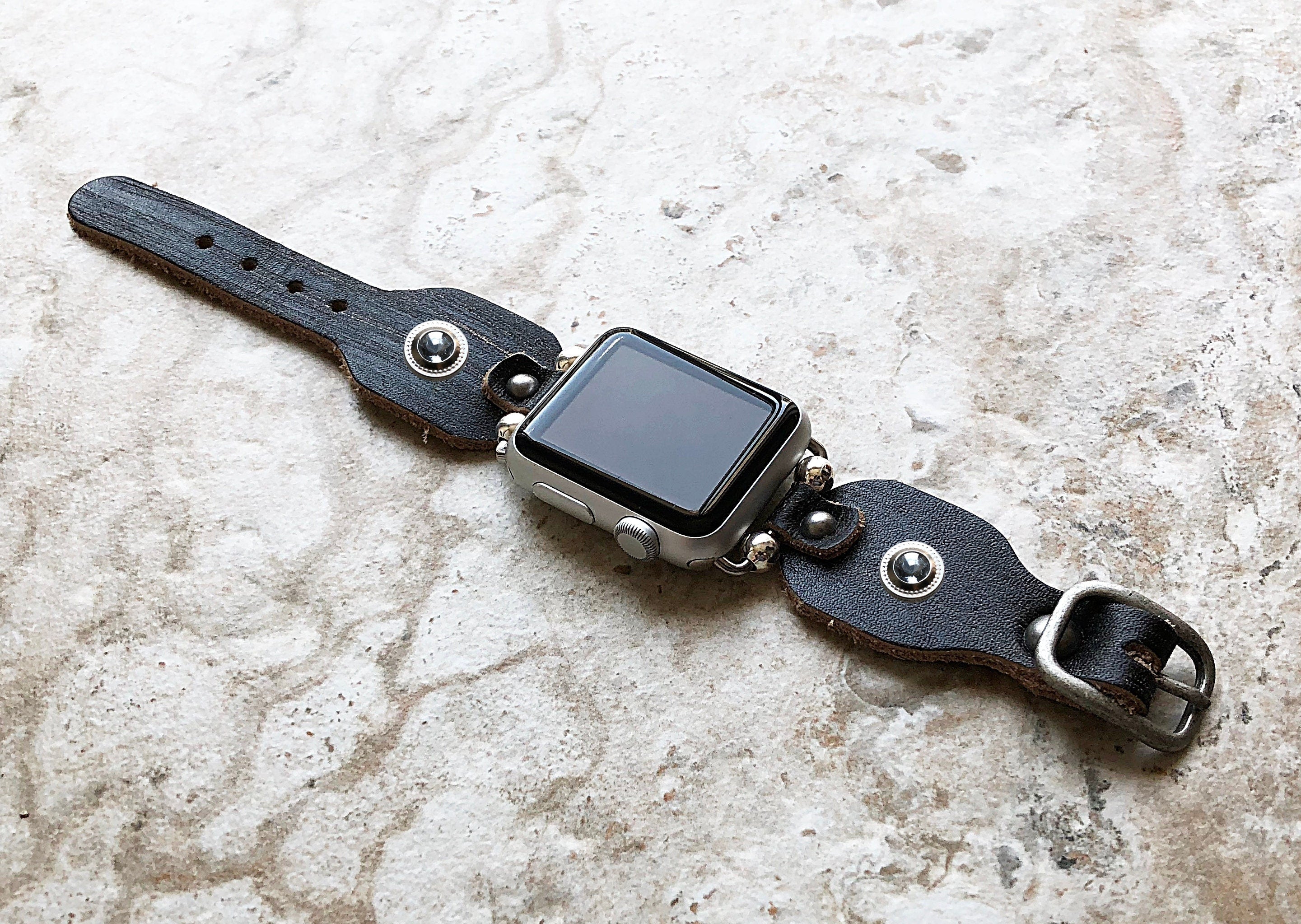 Apple New Handmade Band for iWatch All Series Black and Burnished Leather Bracelet Straps 38mm 40mm 41mm 42mm 44mm 45mm 49mm Case
