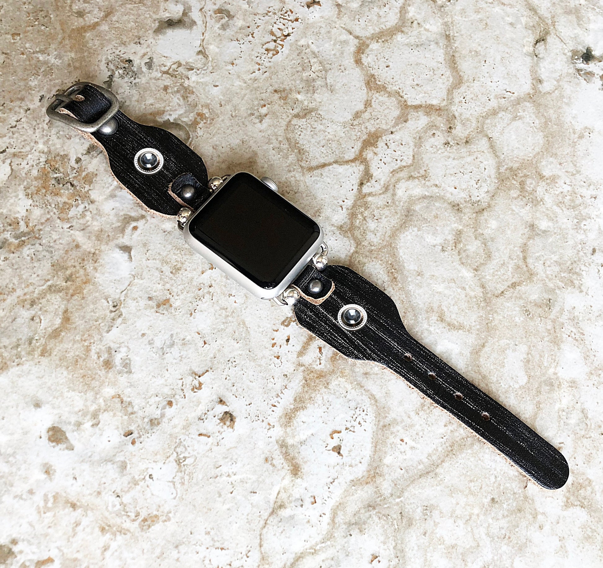 Apple New Handmade Band for iWatch All Series Black and Burnished Leather Bracelet Straps 38mm 40mm 41mm 42mm 44mm 45mm 49mm Case