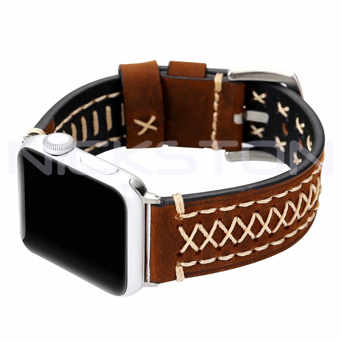Apple Brown Soft Thick Leather Band for iWatch All Series 38mm 40mm 41mm 42mm 44mm 45mm 49mm Edition Strap Bracelet Stitched Details X