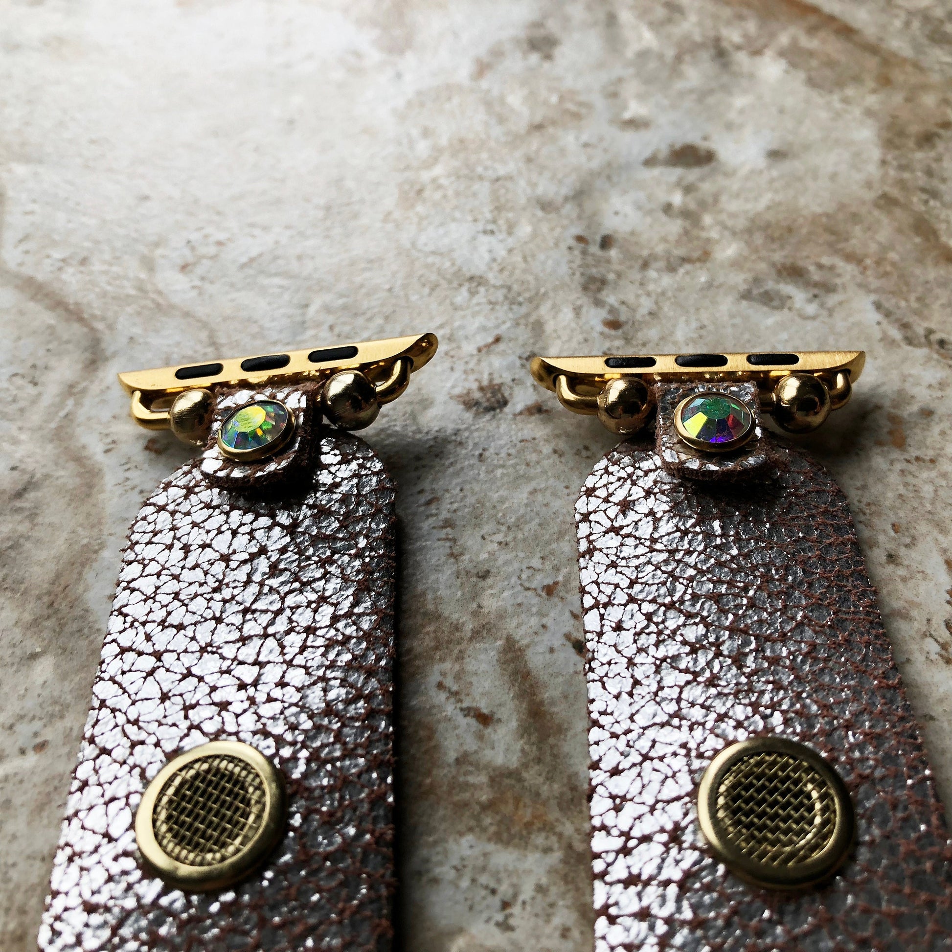 Apple Watch Band Bracelet for Ultra 2 and 9 8 Series 41mm 45mm 49mm Case Metallic Silver Cracked Handmade Leather Strap Gold Finish Crystals