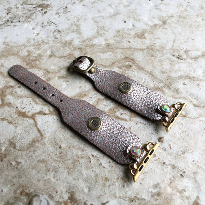 Apple Watch Band Bracelet for Ultra 2 and 9 8 Series 41mm 45mm 49mm Case Metallic Silver Cracked Handmade Leather Strap Gold Finish Crystals