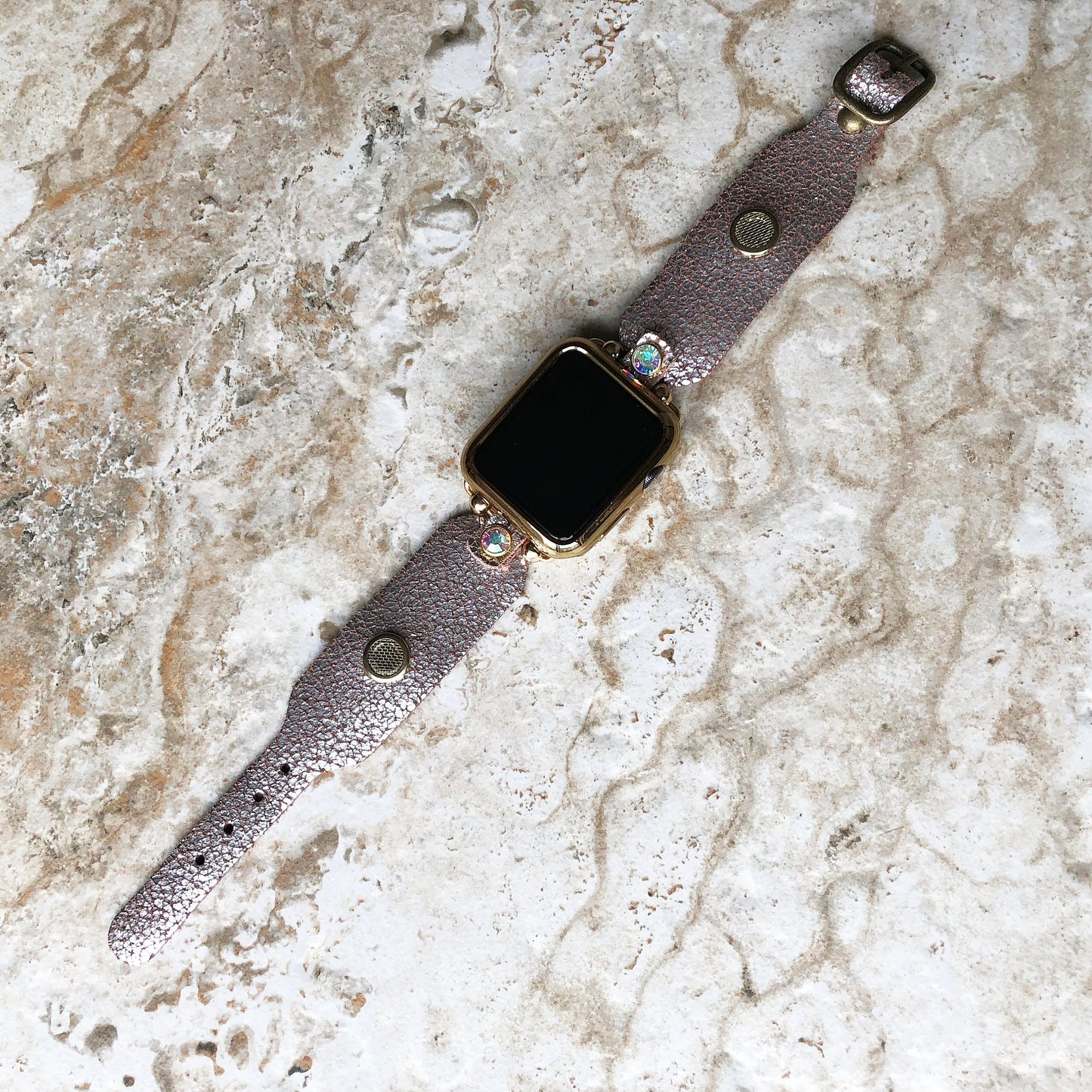 Apple Watch Band Bracelet for Ultra 2 and 9 8 Series 41mm 45mm 49mm Case Metallic Silver Cracked Handmade Leather Strap Gold Finish Crystals