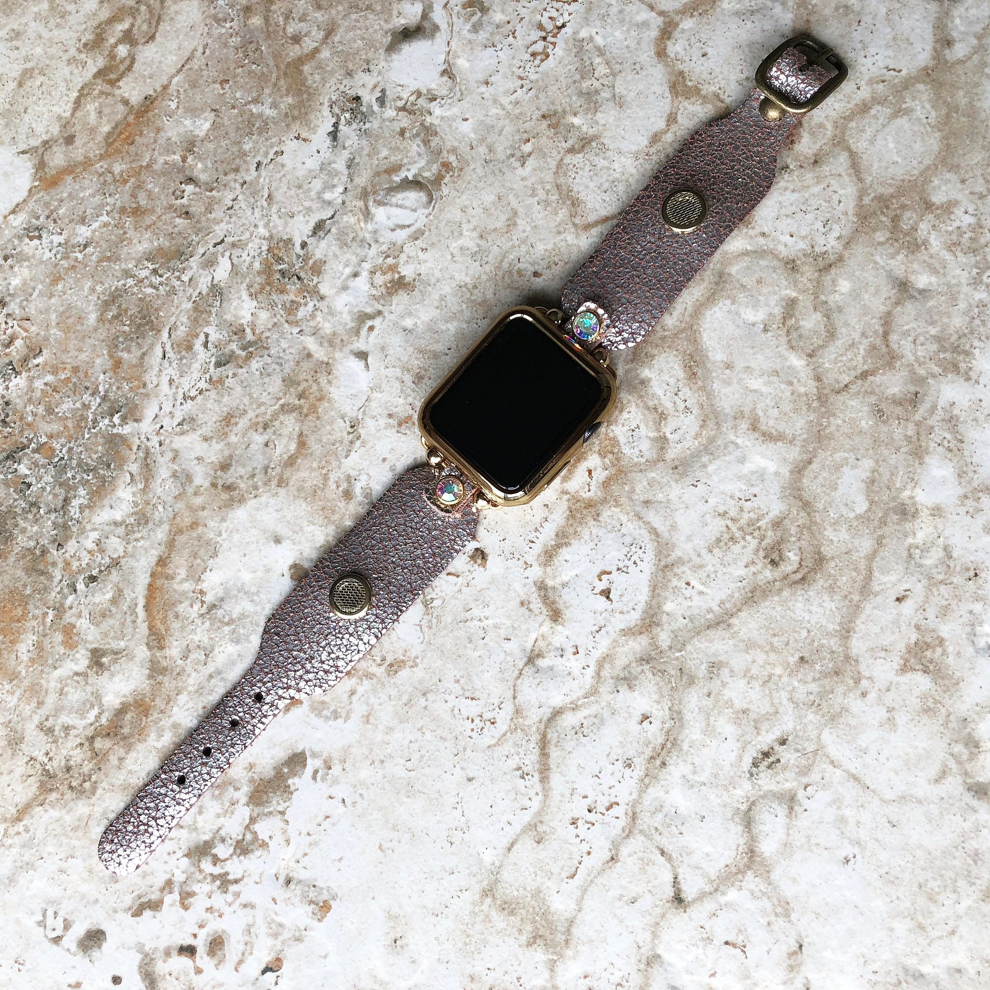 Apple Watch Band Bracelet for Ultra 2 and 9 8 Series 41mm 45mm 49mm Case Metallic Silver Cracked Handmade Leather Strap Gold Finish Crystals