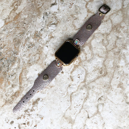 Apple Watch Band Bracelet for Ultra 2 and 9 8 Series 41mm 45mm 49mm Case Metallic Silver Cracked Handmade Leather Strap Gold Finish Crystals