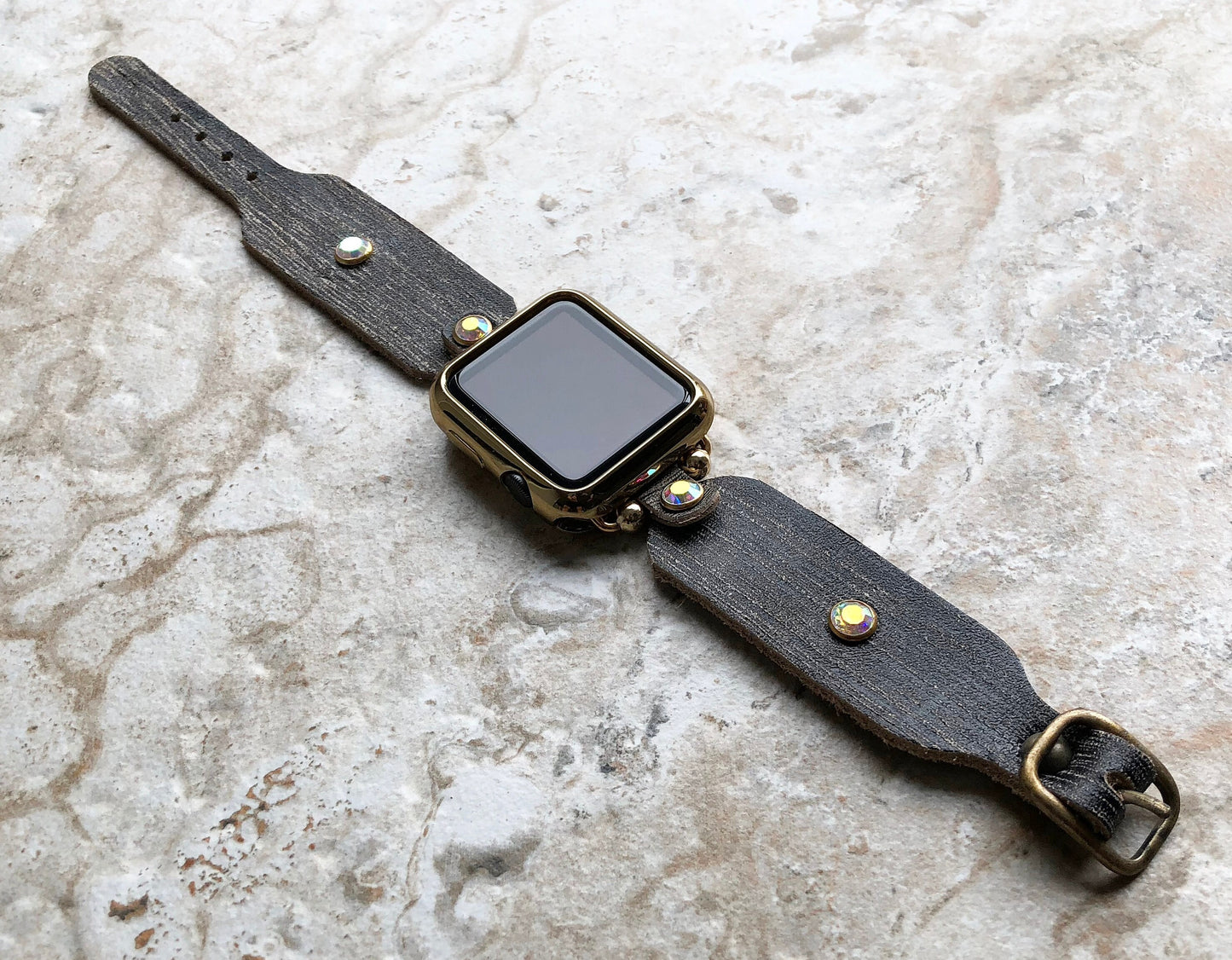 Apple New Modern Handmade Black and Burnished Gold Leather Bracelet iWatch All Series Band for Ultra 2 49mm and 9 8 Series 41mm 45mm Case