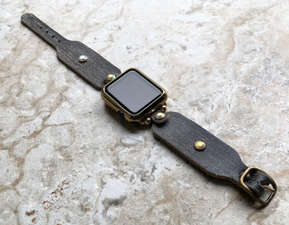 Apple New Modern Handmade Black and Burnished Gold Leather Bracelet iWatch All Series Band for Ultra 2 49mm and 9 8 Series 41mm 45mm Case