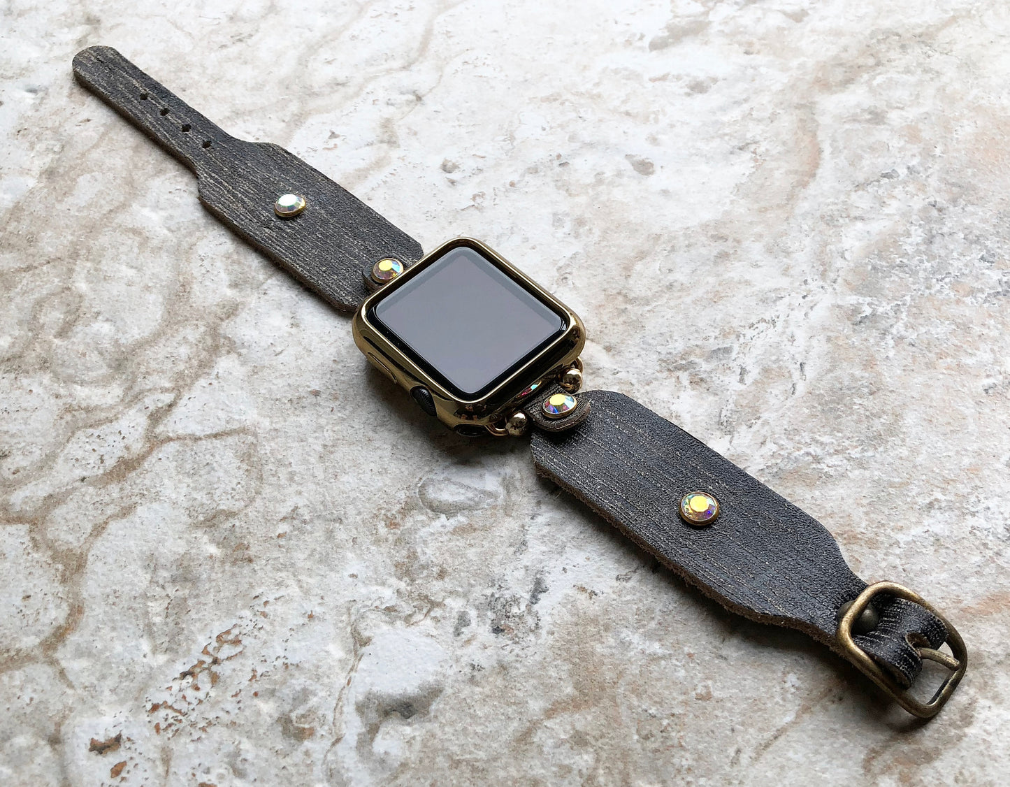 Apple New Modern Handmade Black and Burnished Gold Leather Bracelet iWatch All Series Band for 38mm 40mm 41mm 42mm 44mm 45mm 49mm Case