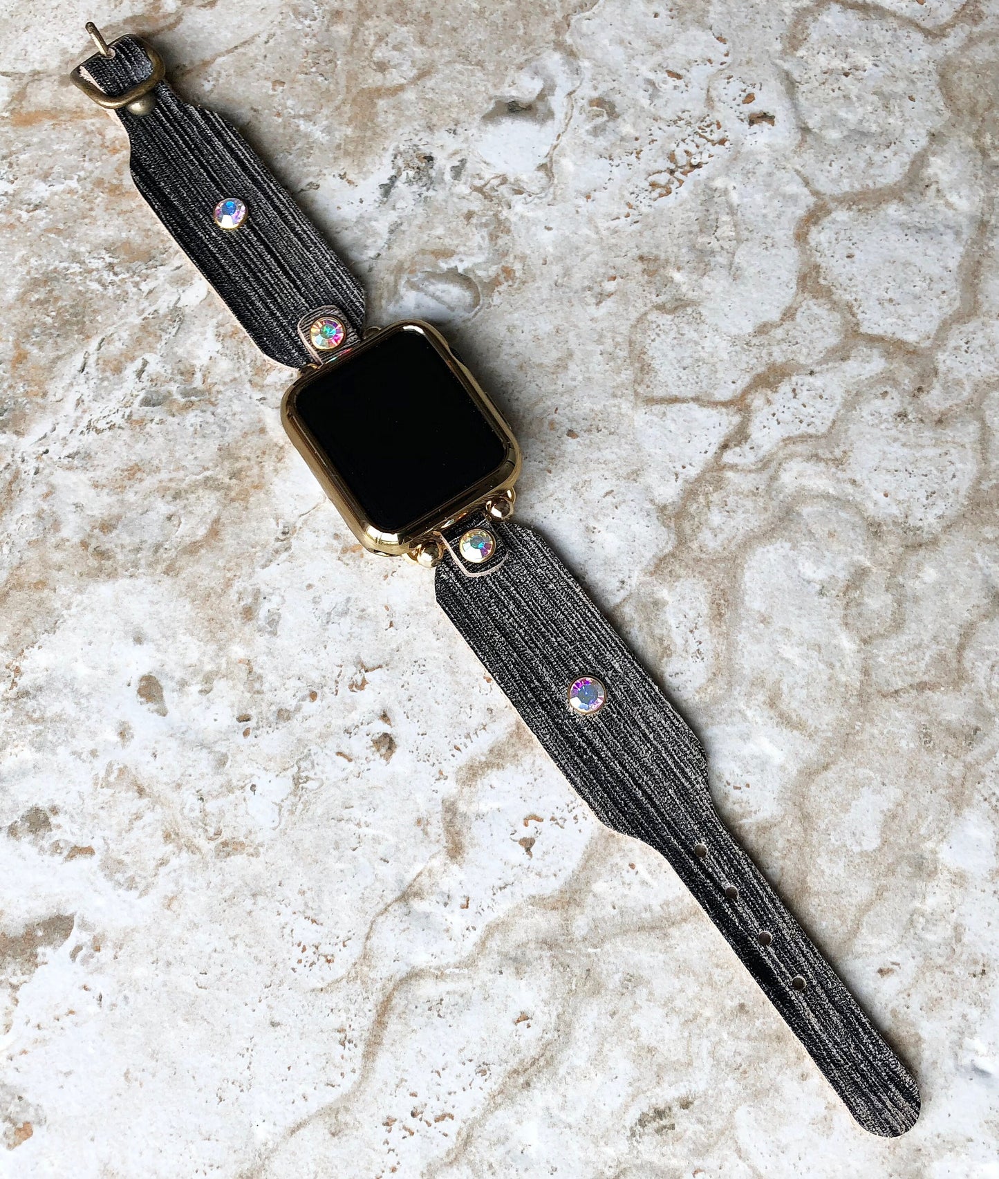 Apple New Modern Handmade Black and Burnished Gold Leather Bracelet iWatch All Series Band for Ultra 2 49mm and 9 8 Series 41mm 45mm Case