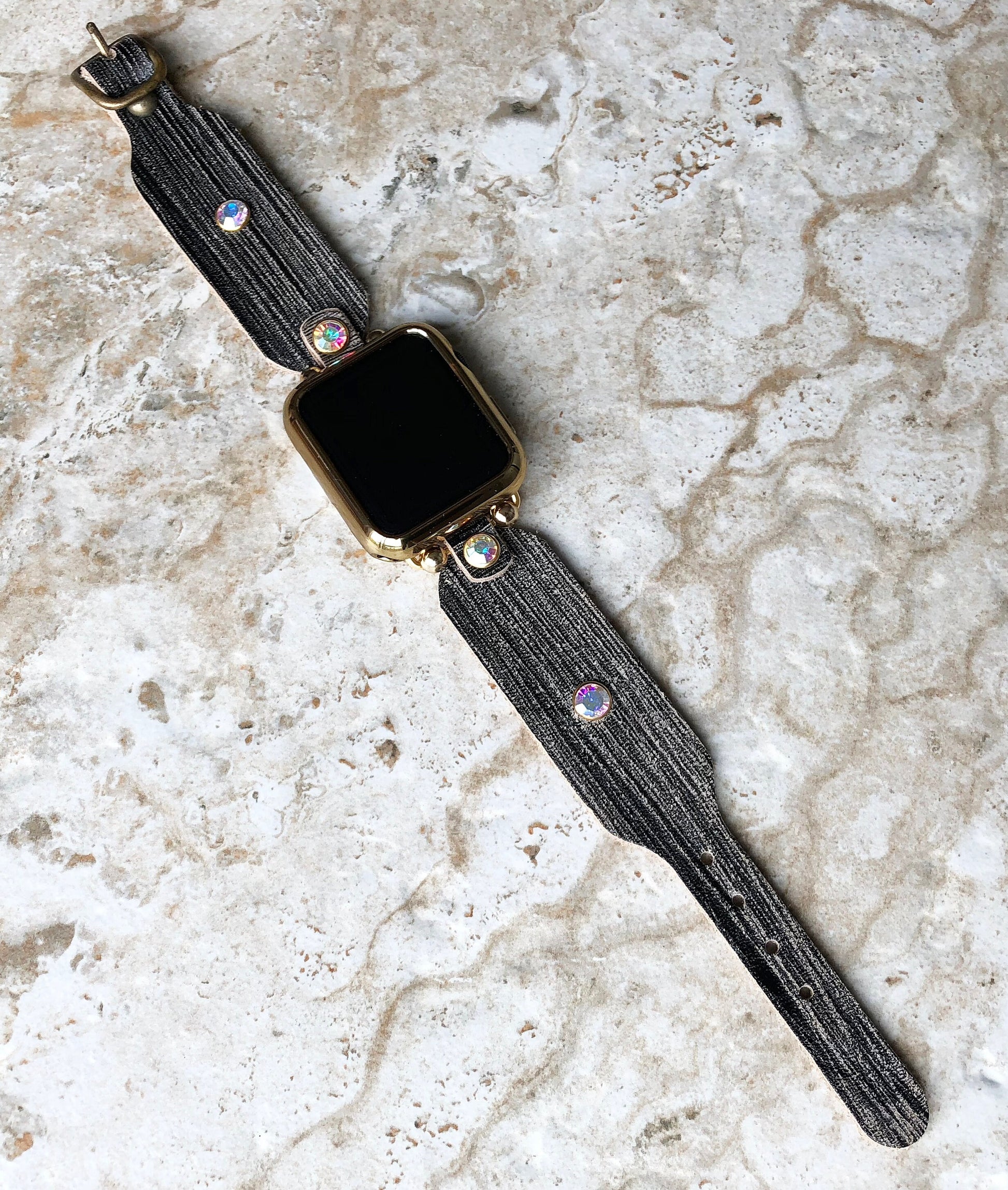 Apple New Modern Handmade Black and Burnished Gold Leather Bracelet iWatch All Series Band for Ultra 2 49mm and 9 8 Series 41mm 45mm Case