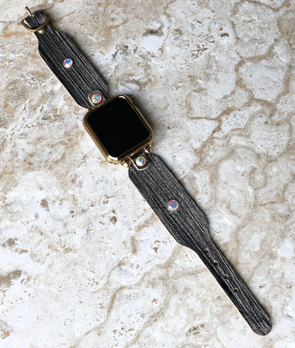 Apple New Modern Handmade Black and Burnished Gold Leather Bracelet iWatch All Series Band for Ultra 2 49mm and 9 8 Series 41mm 45mm Case