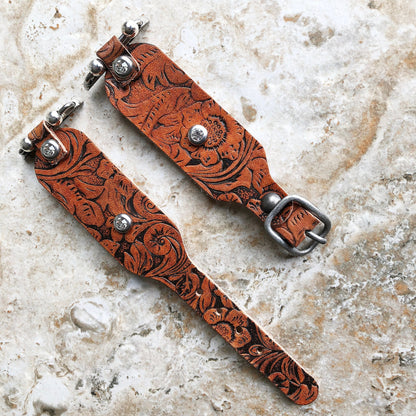Embossed Leather Apple Watch Band for Watch Ultra 2 49mm and 9 8 Series 41mm 45mm Case Handmade Brown Strap Flourish Bracelet Clear Crystals