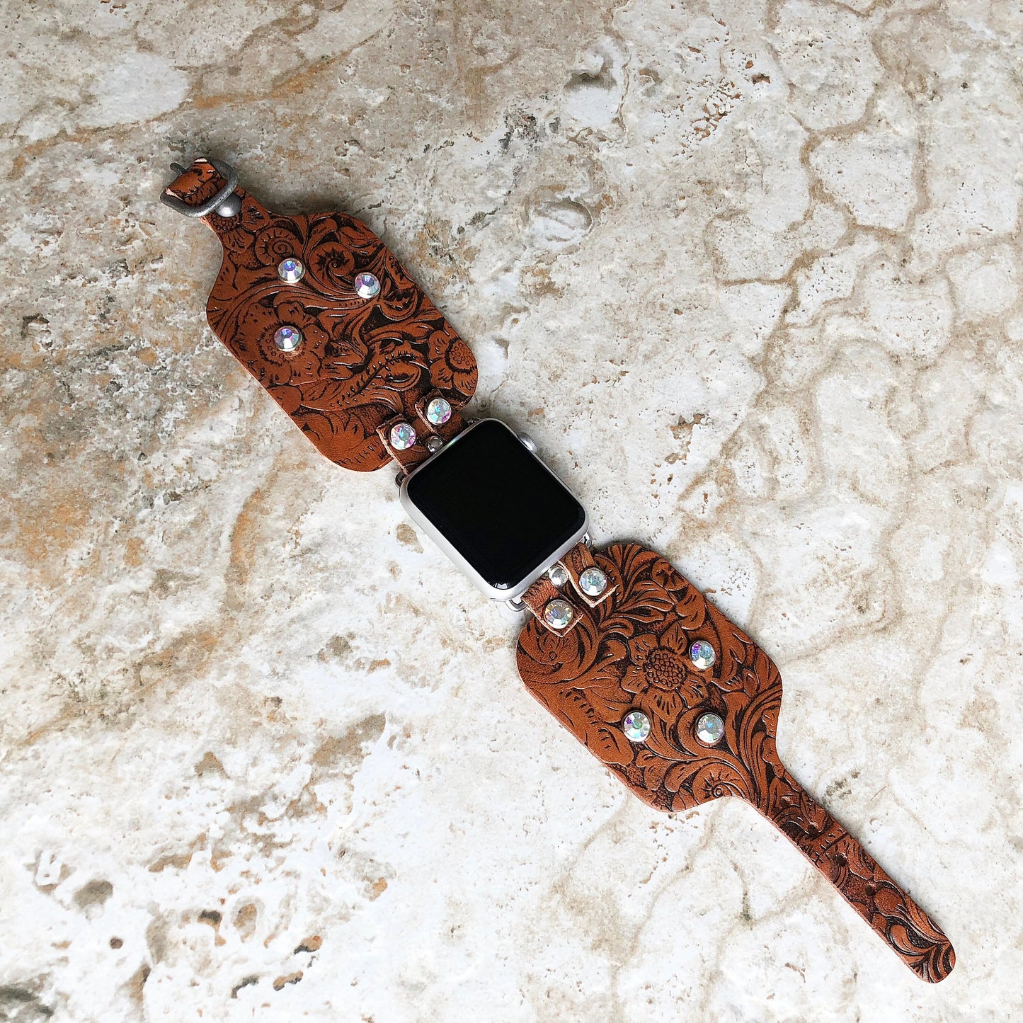 Apple Embossed Bracelet Band 41mm 45mm 49mm Brown Flourish Leather for iWatch Ultra 2 49mm and 9 8 Series Handmade Tooled Strap Crystals