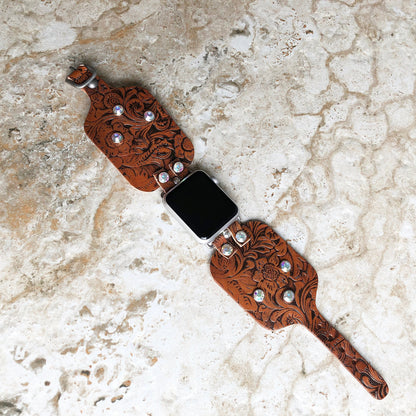 Apple Embossed Bracelet Band 41mm 45mm 49mm Brown Flourish Leather for iWatch Ultra 2 49mm and 9 8 Series Handmade Tooled Strap Crystals