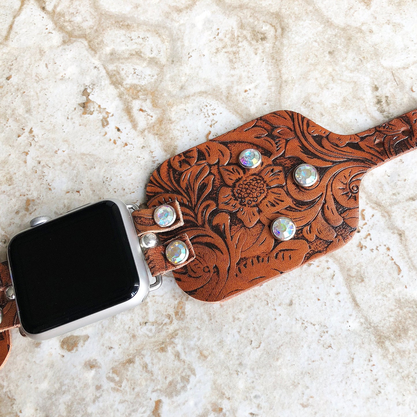 Apple Embossed Bracelet Band 38mm 40mm 41mm 42mm 44mm 45mm 49mm Brown Flourish Leather for iWatch Ultra 2 9 8 7 SE 6 5 4 3 2 1 with Crystals