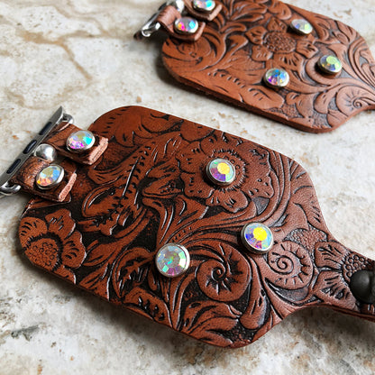 Apple Embossed Bracelet Band 41mm 45mm 49mm Brown Flourish Leather for iWatch Ultra 2 49mm and 9 8 Series Handmade Tooled Strap Crystals