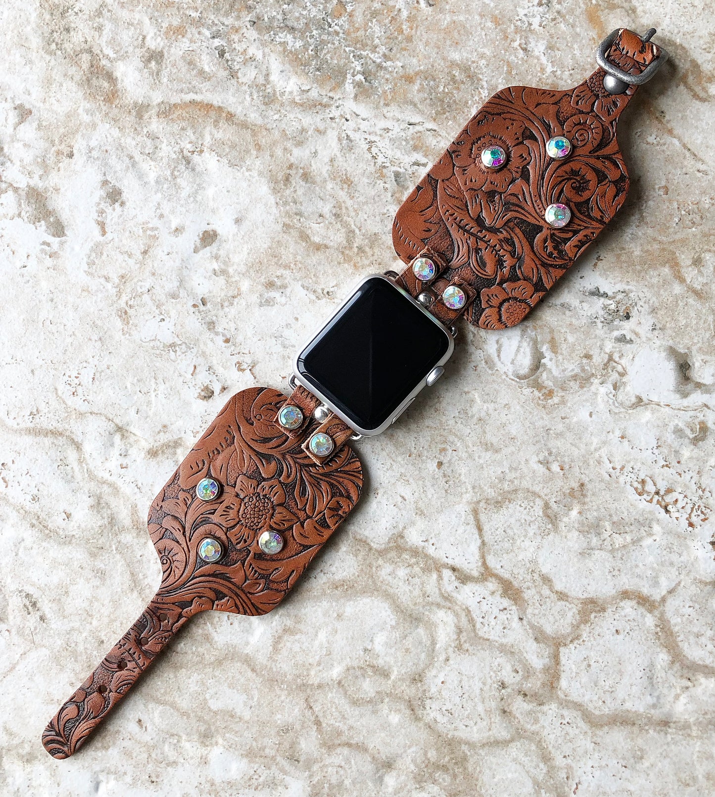 Apple Embossed Bracelet Band 41mm 45mm 49mm Brown Flourish Leather for iWatch Ultra 2 49mm and 9 8 Series Handmade Tooled Strap Crystals