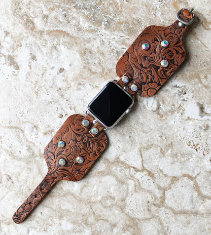 Apple Embossed Bracelet Band 41mm 45mm 49mm Brown Flourish Leather for iWatch Ultra 2 49mm and 9 8 Series Handmade Tooled Strap Crystals