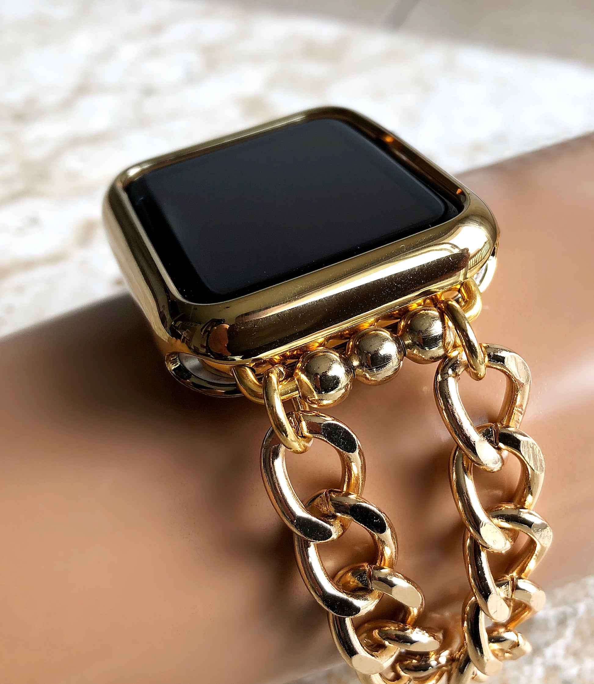 Apple Watch Gold Color Two Tones CB Bracelet Band Chains Link for All Series iWatch 38mm 40mm 41mm 42mm 44mm 45mm 49mm Handmade Jewelry