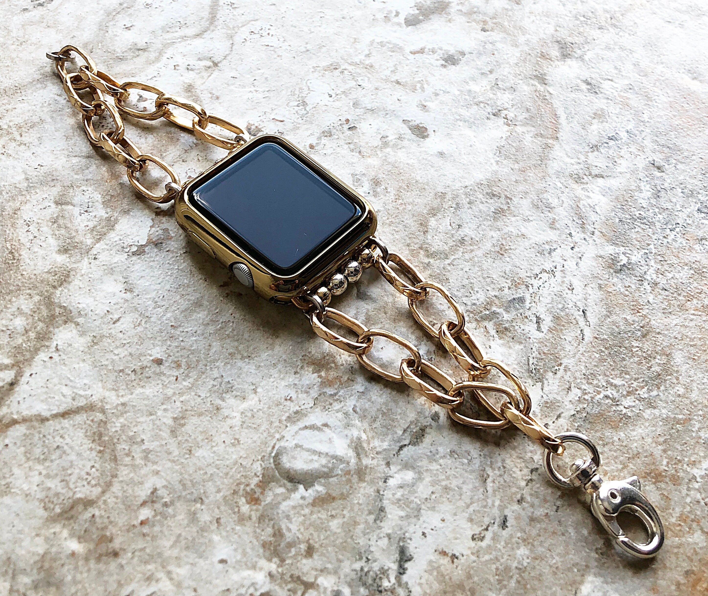 Apple Watch Ultra 2 and 9 8 Series Gold and Silver Color Bracelet for iWatch 41mm 45mm 49mm Case Handmade Band Chain Oval Link Jewelry Strap