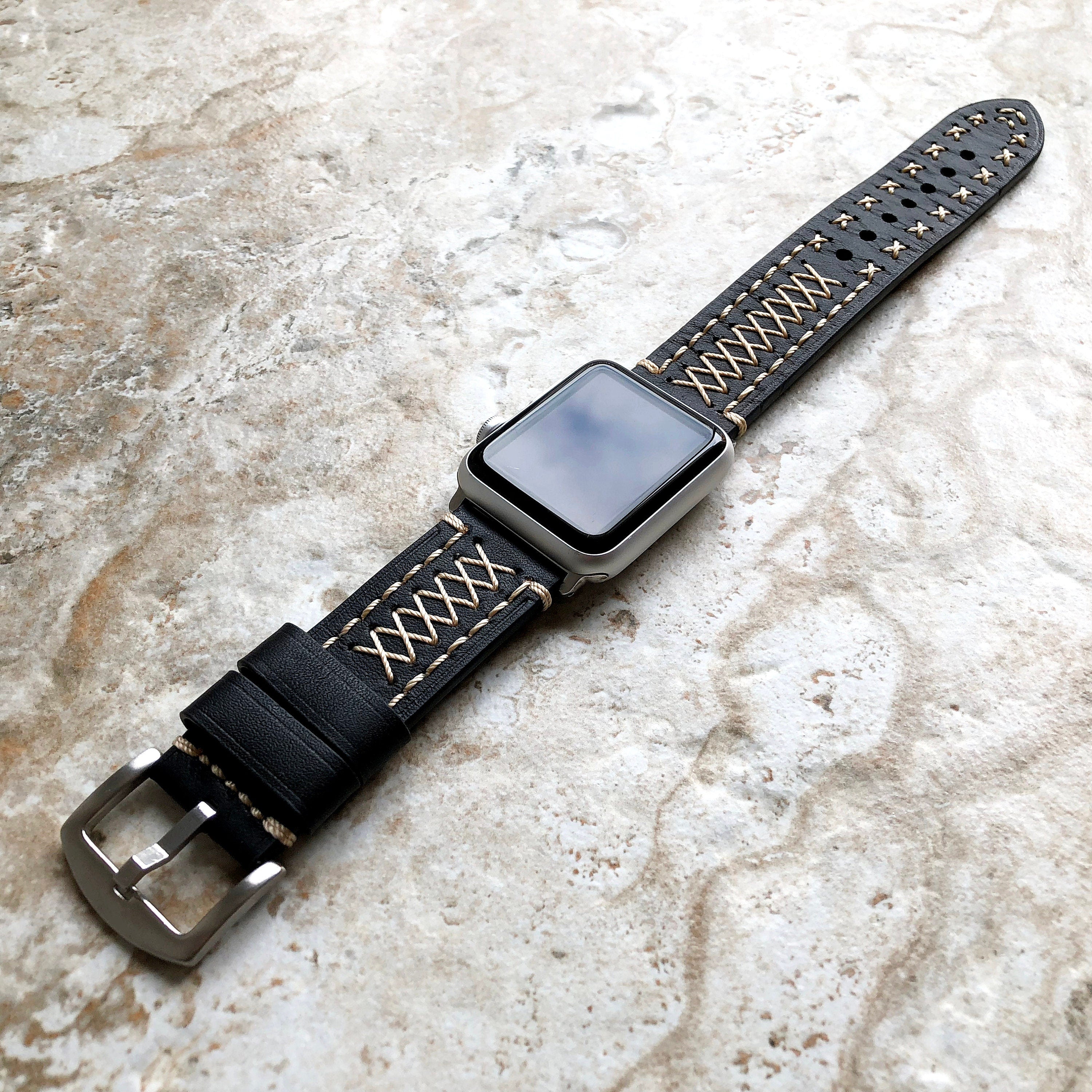 Apple Black Soft Thick Genuine Leather Band for iWatch Ultra 2 49mm and 9 8 Series 41mm 45mm Case Bracelet Strap Stitched Details X
