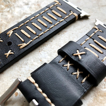 Apple Black Soft Thick Genuine Leather Band for iWatch Ultra 2 49mm and 9 8 Series 41mm 45mm Case Bracelet Strap Stitched Details X