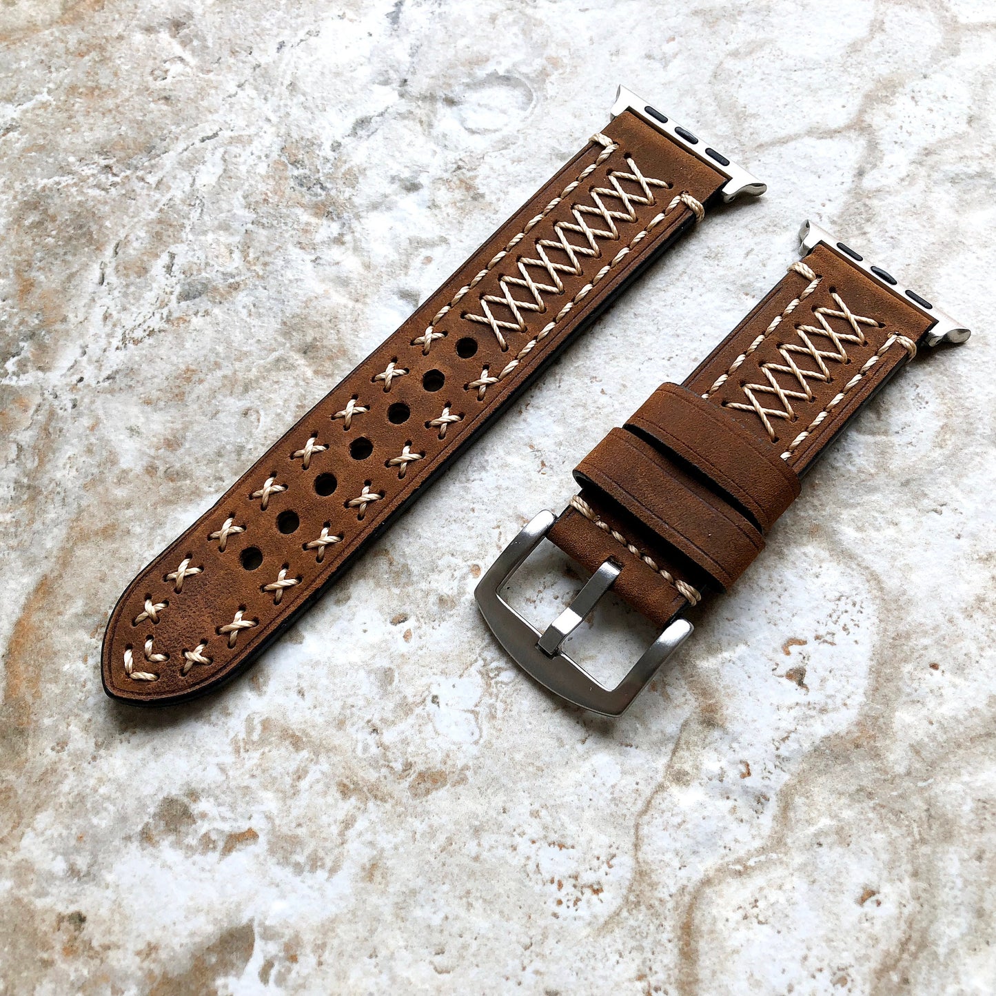 Apple Brown Soft Thick Leather Band for iWatch All Series 38mm 40mm 41mm 42mm 44mm 45mm 49mm Edition Strap Bracelet Stitched Details X