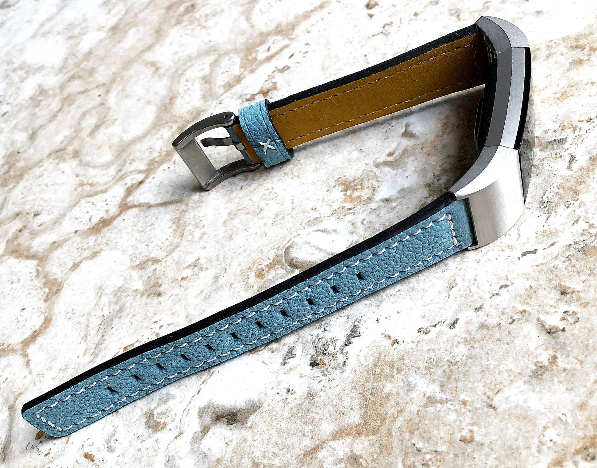 Fitbit Charge 2 Blue Soft Leather Band Strap Compatible with Fitness Tracker Wristband Bracelet with Stitches and Adapters Quick Release