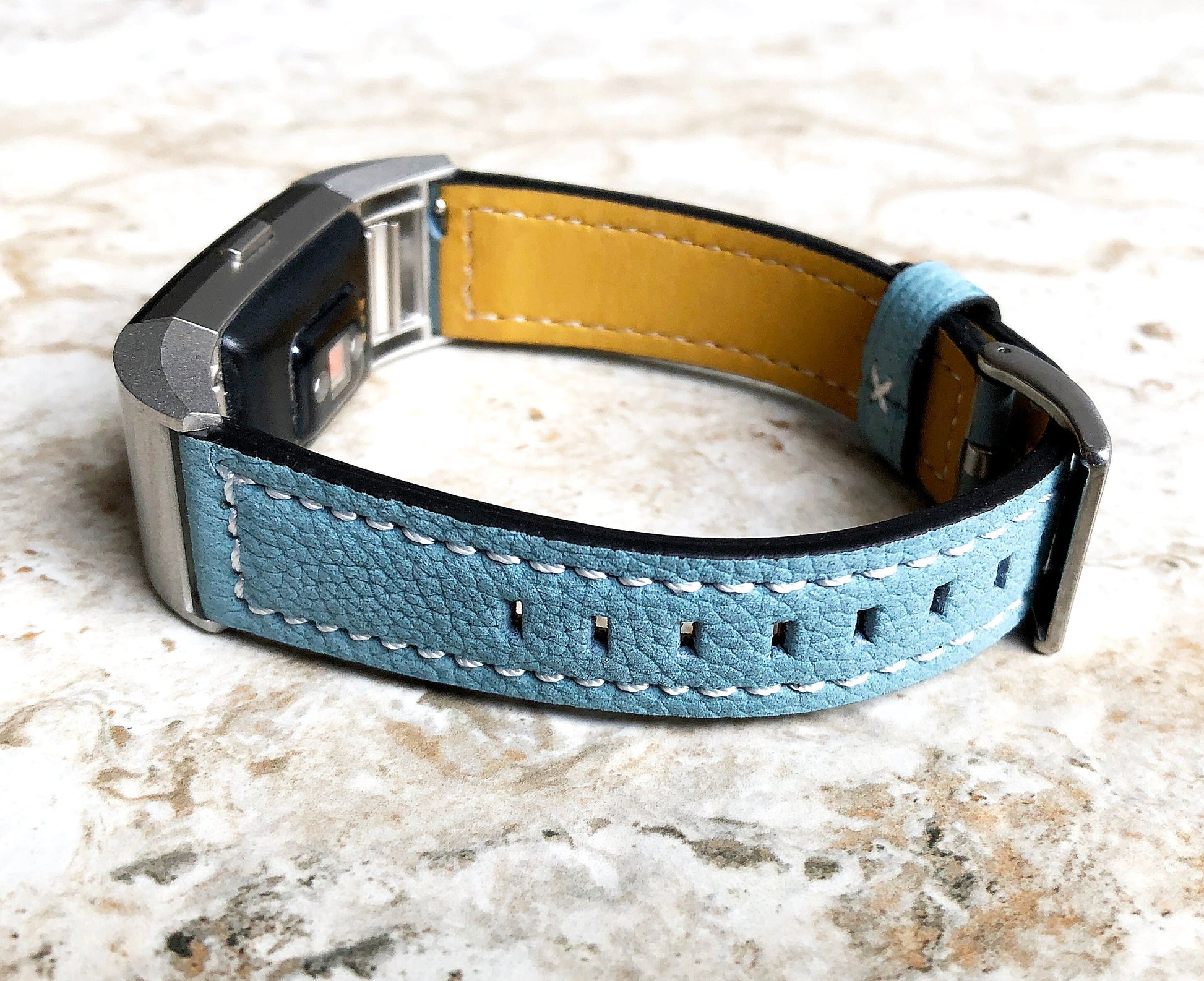 Fitbit Charge 2 Blue Soft Leather Band Strap Compatible with Fitness Tracker Wristband Bracelet with Stitches and Adapters Quick Release