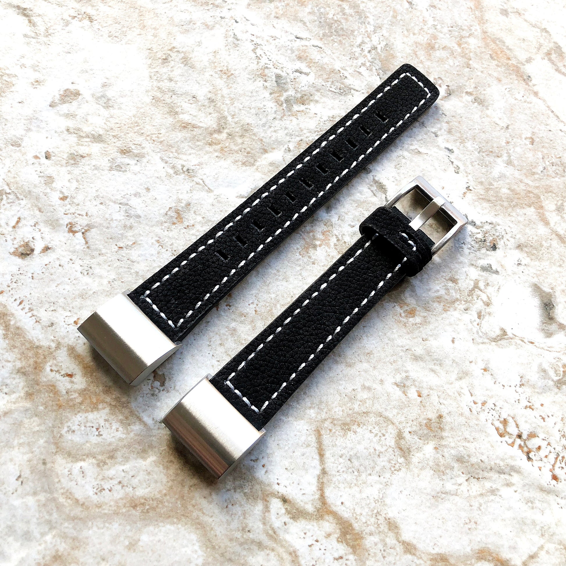 Fitbit Charge 2 Black Soft Leather Band Strap Compatible with Fitness Tracker Wristband Bracelet with Stitches and Adapters Quick Release