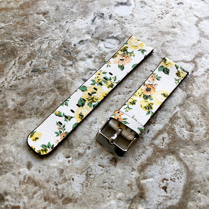 Samsung FL-1 Band for Galaxy Watch Active 2 40mm 42mm 44mm Soft Yellow Floral Bracelet Cuff Leather Wristband Strap with Quick Release Pins