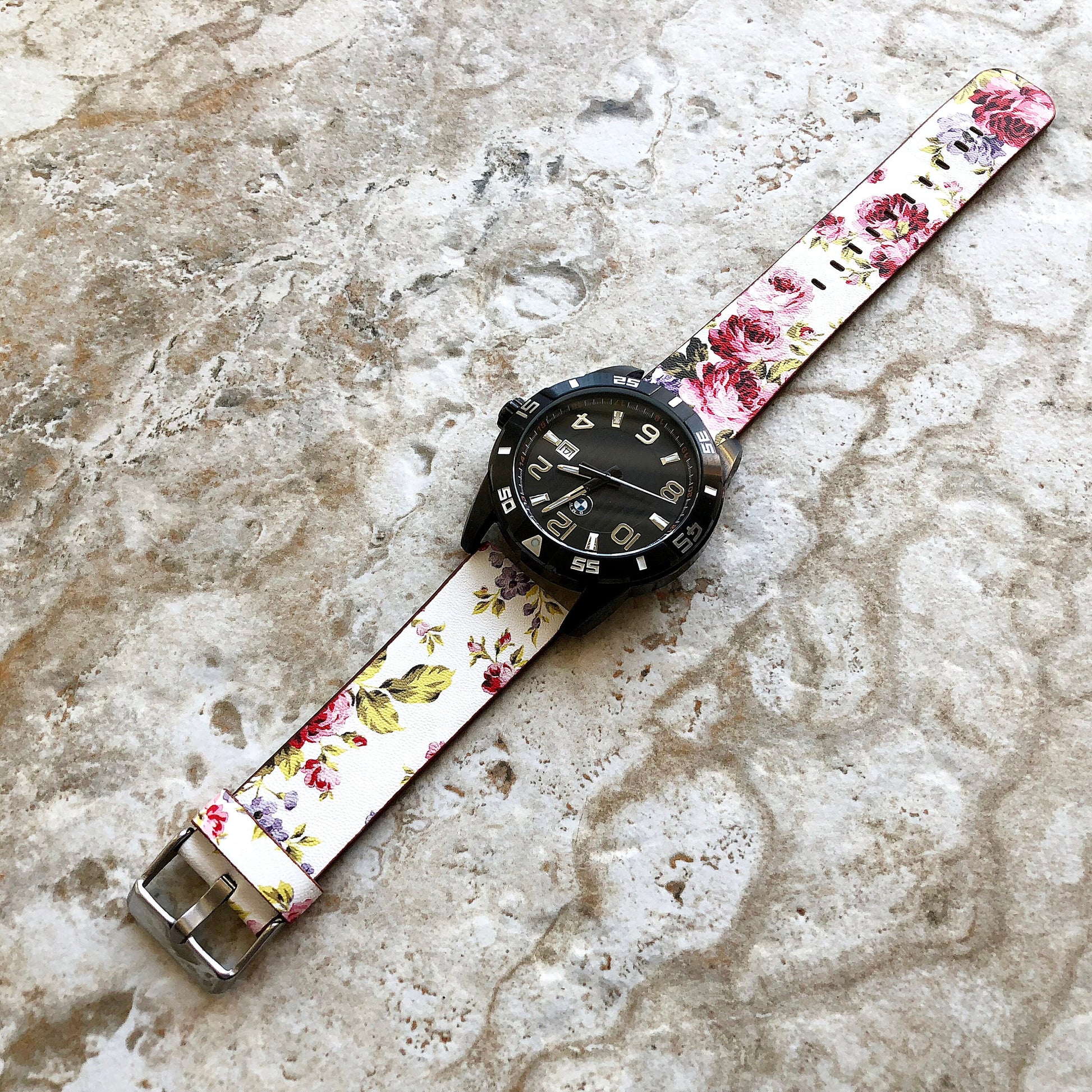 22mm Width Red Floral FL-3 Soft Leather Watch Strap Band for Wrist Hand Watches - Quick Release Pins Included Easy and Ready to Attach