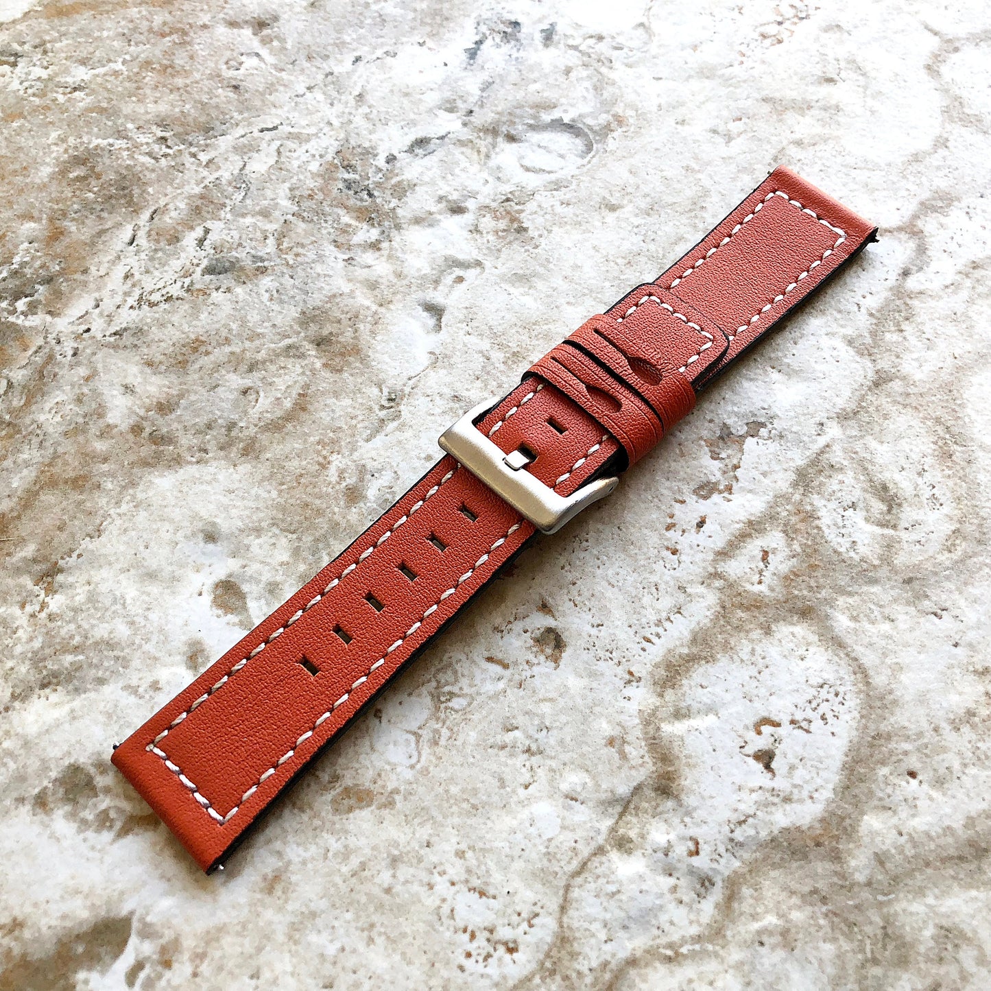 22mm Width Dark Orange Soft Leather Watch Strap Band Stitched for Wrist Hand Watches - Quick Release Pins Included Easy and Ready to Attach