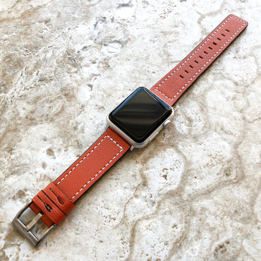Apple Dark Orange Soft Leather Band Straps with White Stitches for iWatch All Series 38mm 40mm 41mm 42mm 44mm 45mm 49mm Case Bracelet