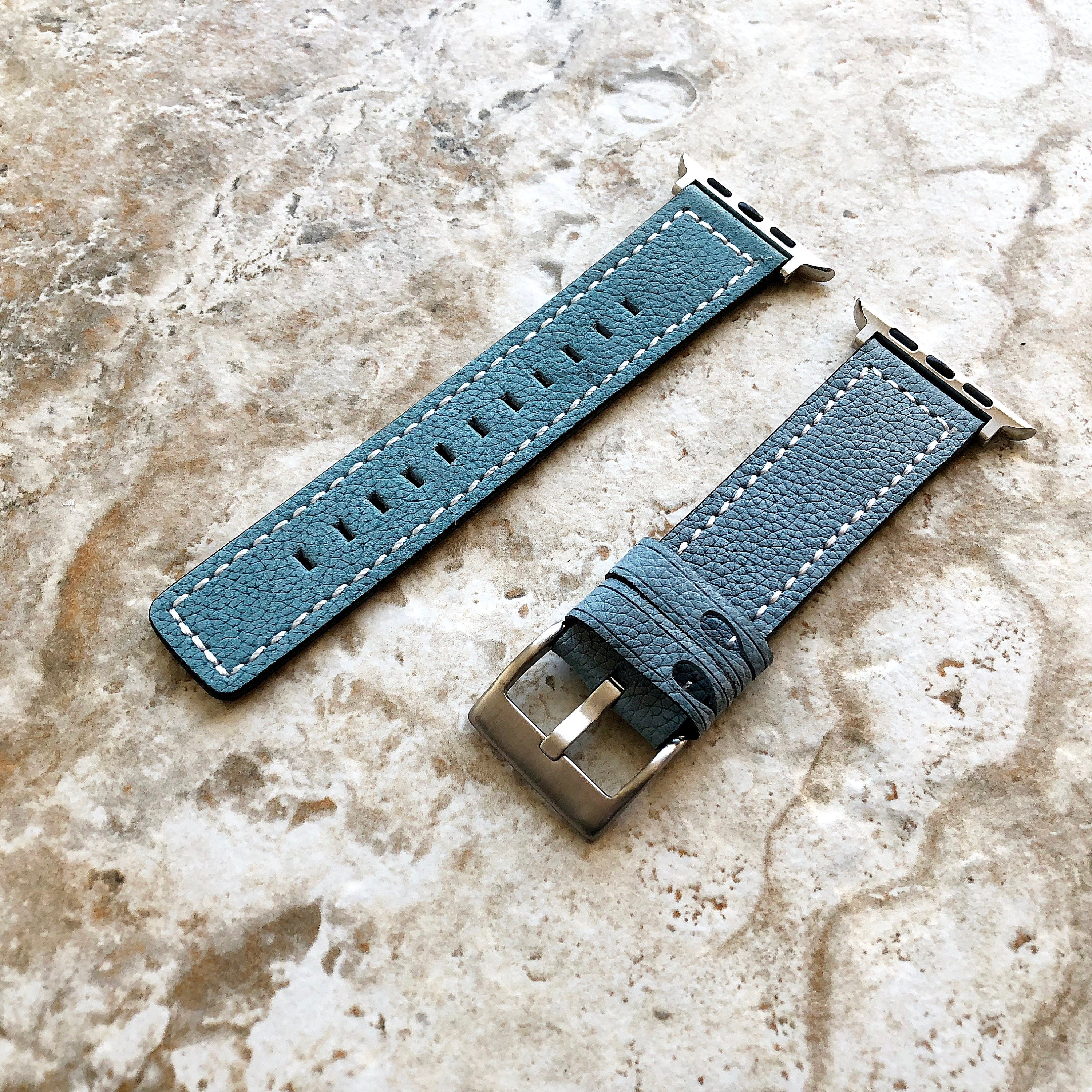 Apple Light Blue Soft Leather Band Strap with White Stitches for iWatch Ultra 2 49mm and 9 8 Series 41mm 45mm Case Elegant Bracelet