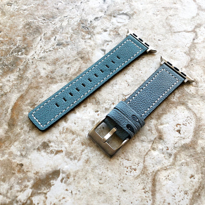 Apple Light Blue Soft Leather Band Strap with White Stitches for iWatch Ultra 2 49mm and 9 8 Series 41mm 45mm Case Elegant Bracelet