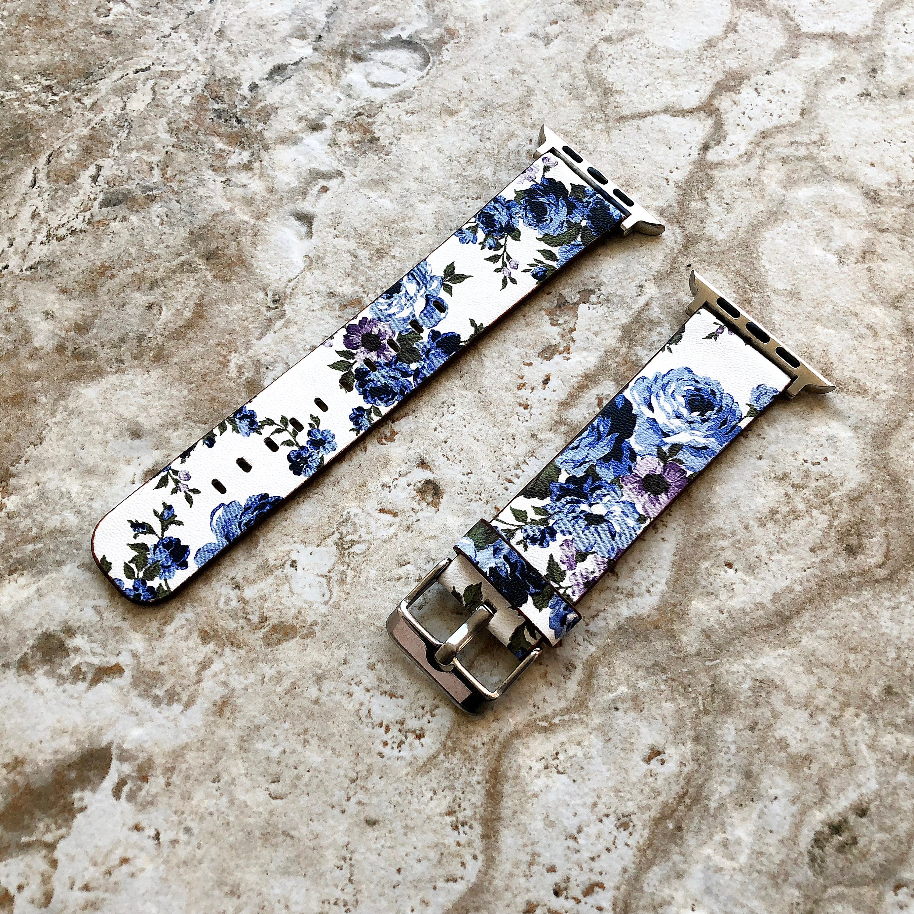 Apple Blue Floral FL-2 for Watch 38mm 40mm 41mm 42mm 44mm 45mm 49mm All Series Bracelet Soft Leather Band Straps -Ready to Attach
