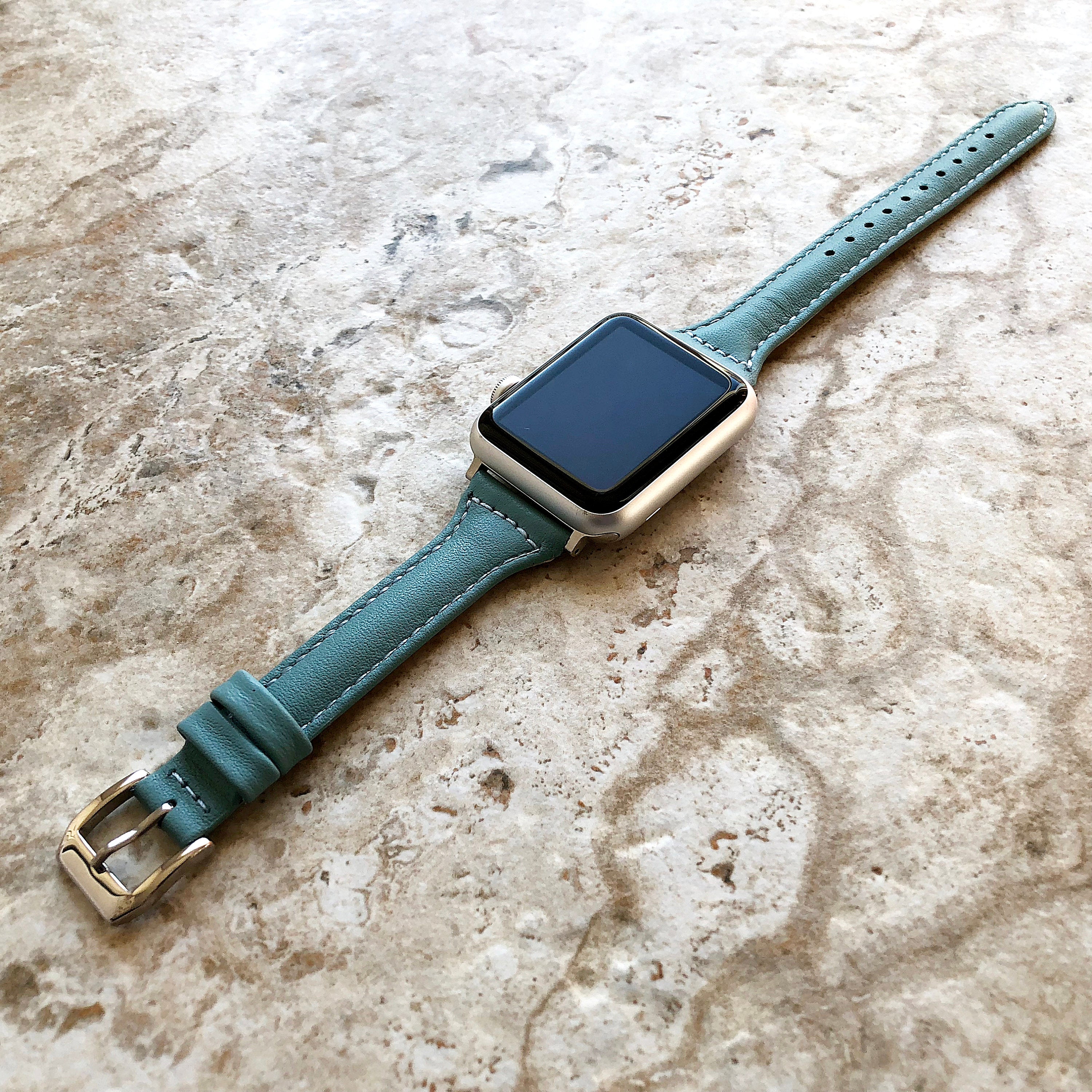 Apple Light Blue Color Slim Elegant Soft Leather Band Straps Bracelet for iWatch All Series 38mm 40mm 41mm 42mm 44mm 45mm 49mm Case