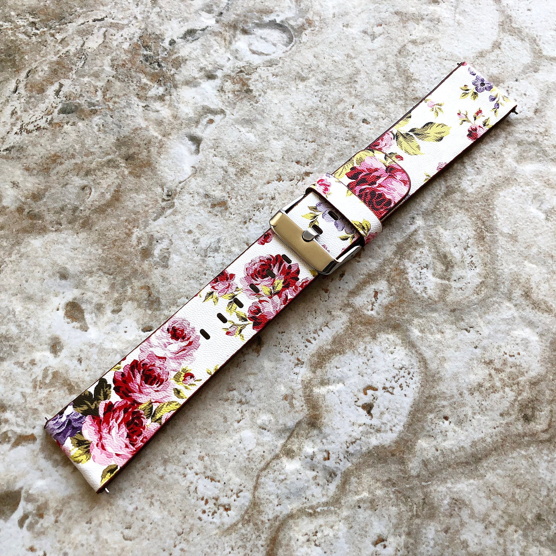 Samsung FL-3 Band for Galaxy Watch Active 2 40mm 42mm 44mm Soft Red Floral Bracelet Cuff Leather Wristband Strap with Quick Release Pins