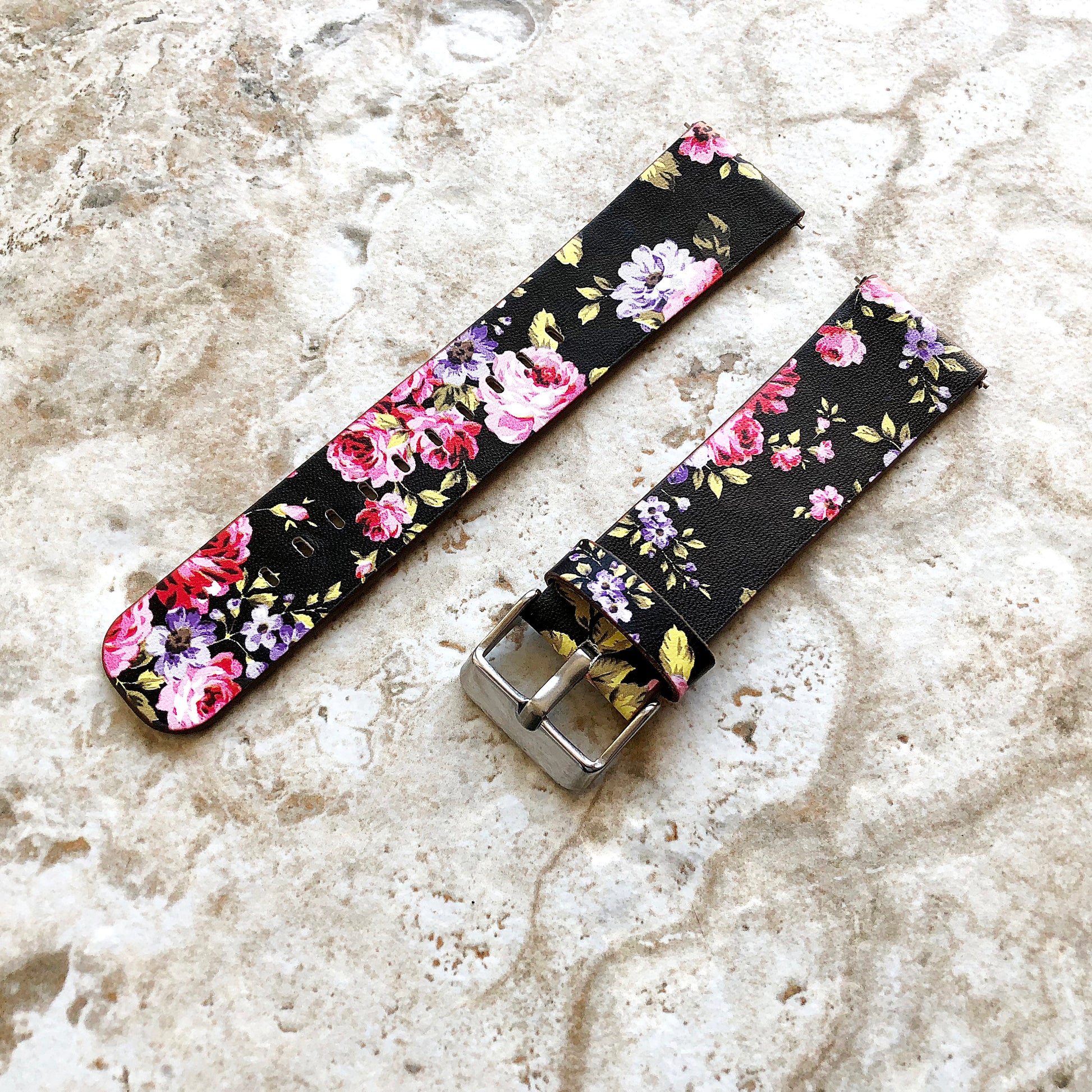 Samsung FL-5 Band for Galaxy Watch Active 2 40mm 42mm 44mm Soft Red Black Floral Bracelet Cuff Leather Wristband Strap Quick Release Pins