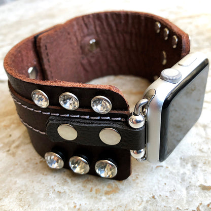 Apple Band Crystals on Brown Genuine Leather for iWatch Ultra 2 9 8 7 SE 6 5 4 3 2 1 Strap Bracelet 38mm 40mm 41mm 42mm 44mm 45mm 49mm Case
