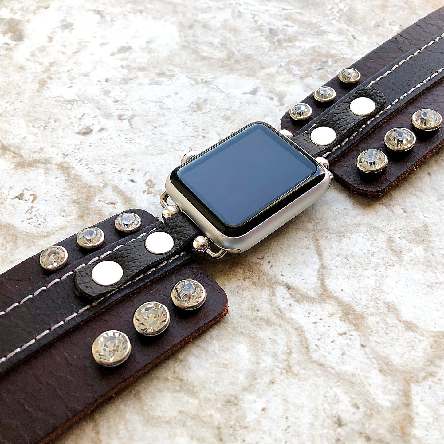 Apple Band Clear Crystals on Brown Genuine Leather for iWatch Ultra 2 and 1 49mm and 9 8 Series 41mm 45mm Case Handmade Strap Bracelet